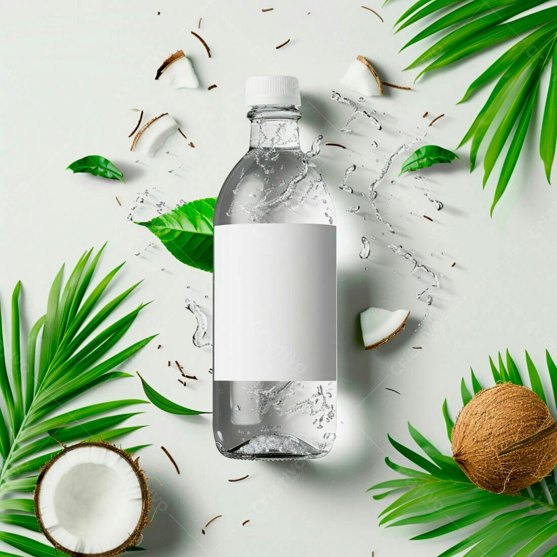 Garrafa de água com coco e folhas tropicais