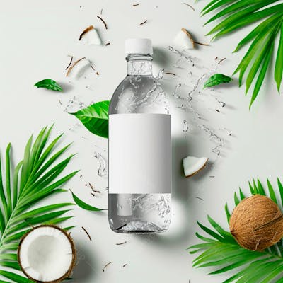 Garrafa De Água De Coco Com Coco E Folhas De Palmeiras Ao Redor 62