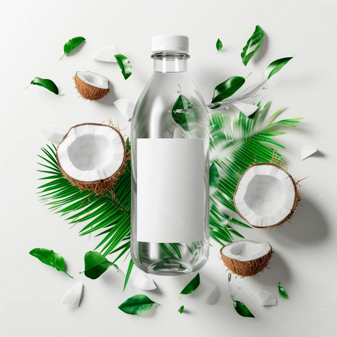 Garrafa de água de coco com folhas tropicais