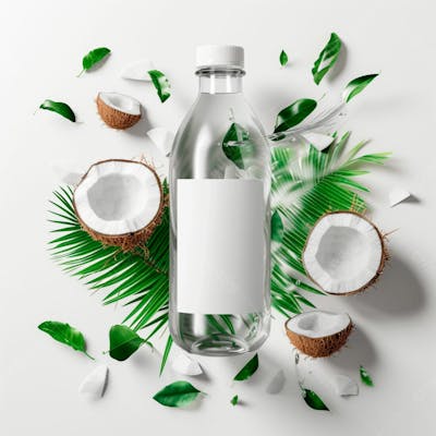 Garrafa De Água De Coco Com Coco E Folhas De Palmeiras Ao Redor 63
