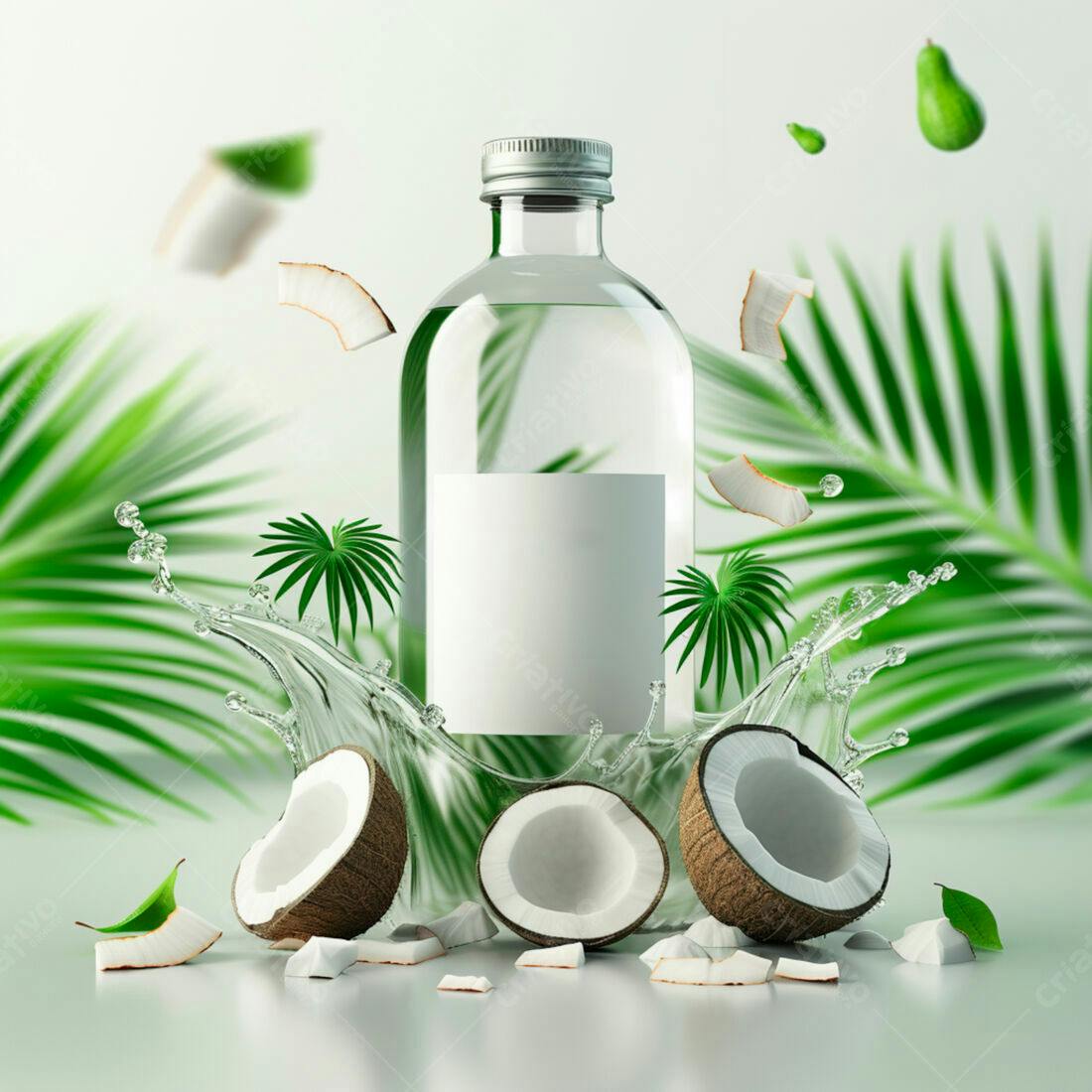 Garrafa de água de coco com coco partido