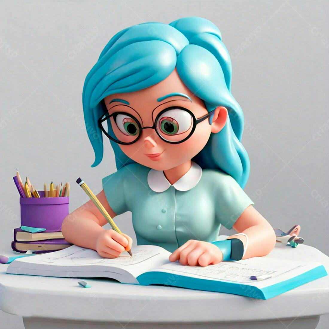 Menina estudando em sua mesa azul