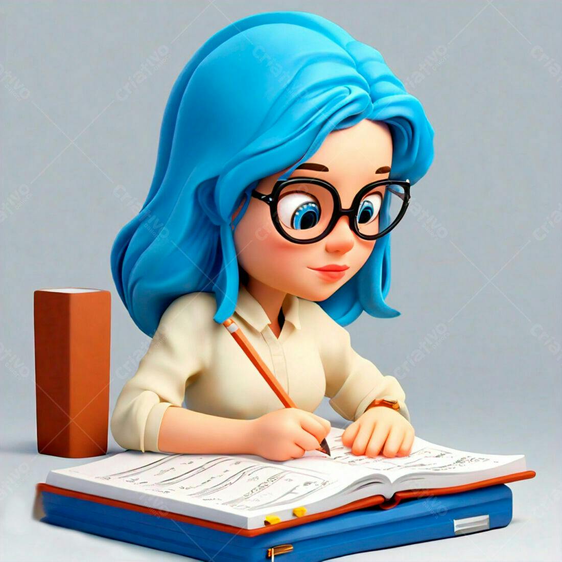 Menina de cabelo azul escrevendo em caderno