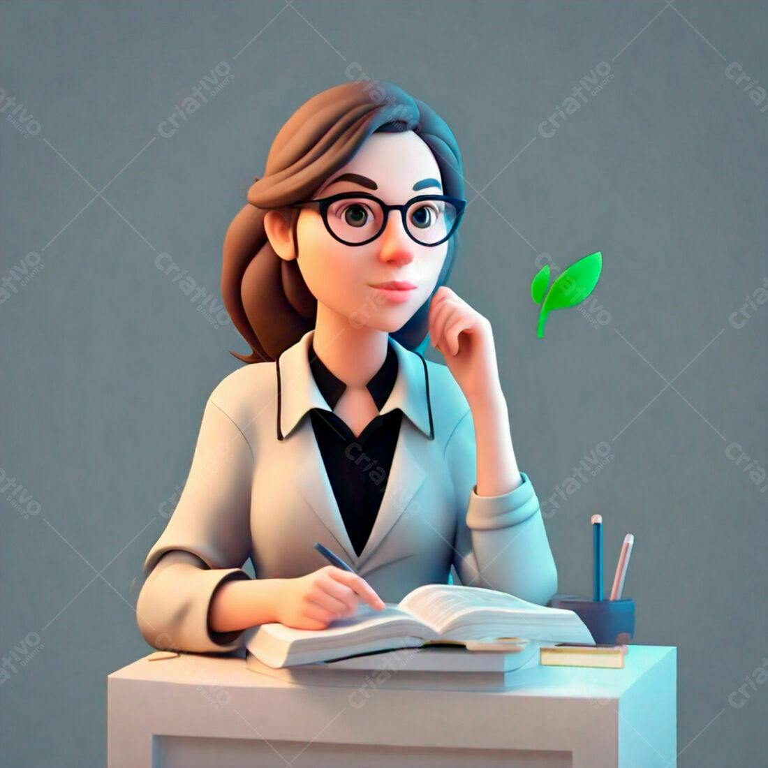 Professora desenhando em livro com planta
