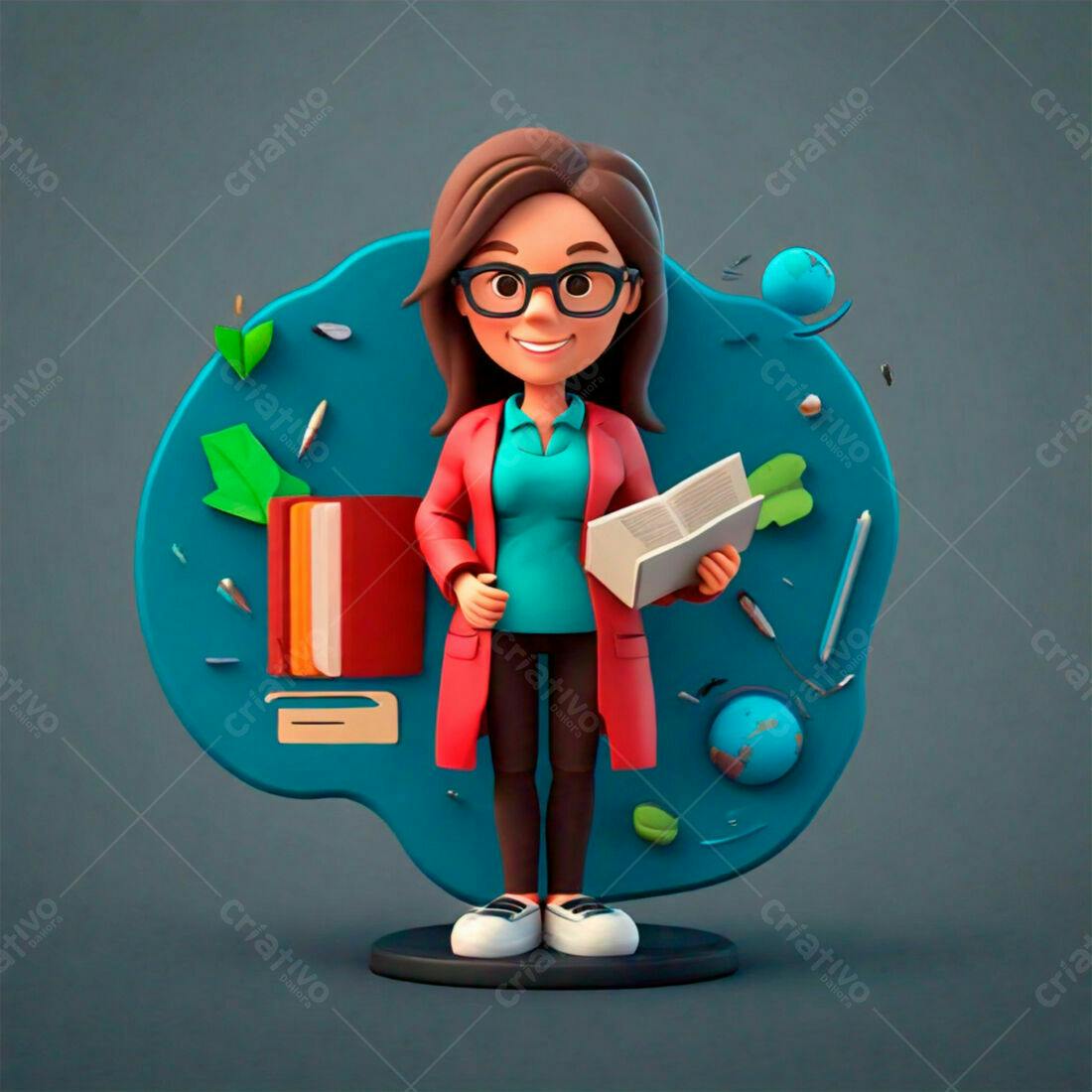 Professora 3D segurando livro vermelho