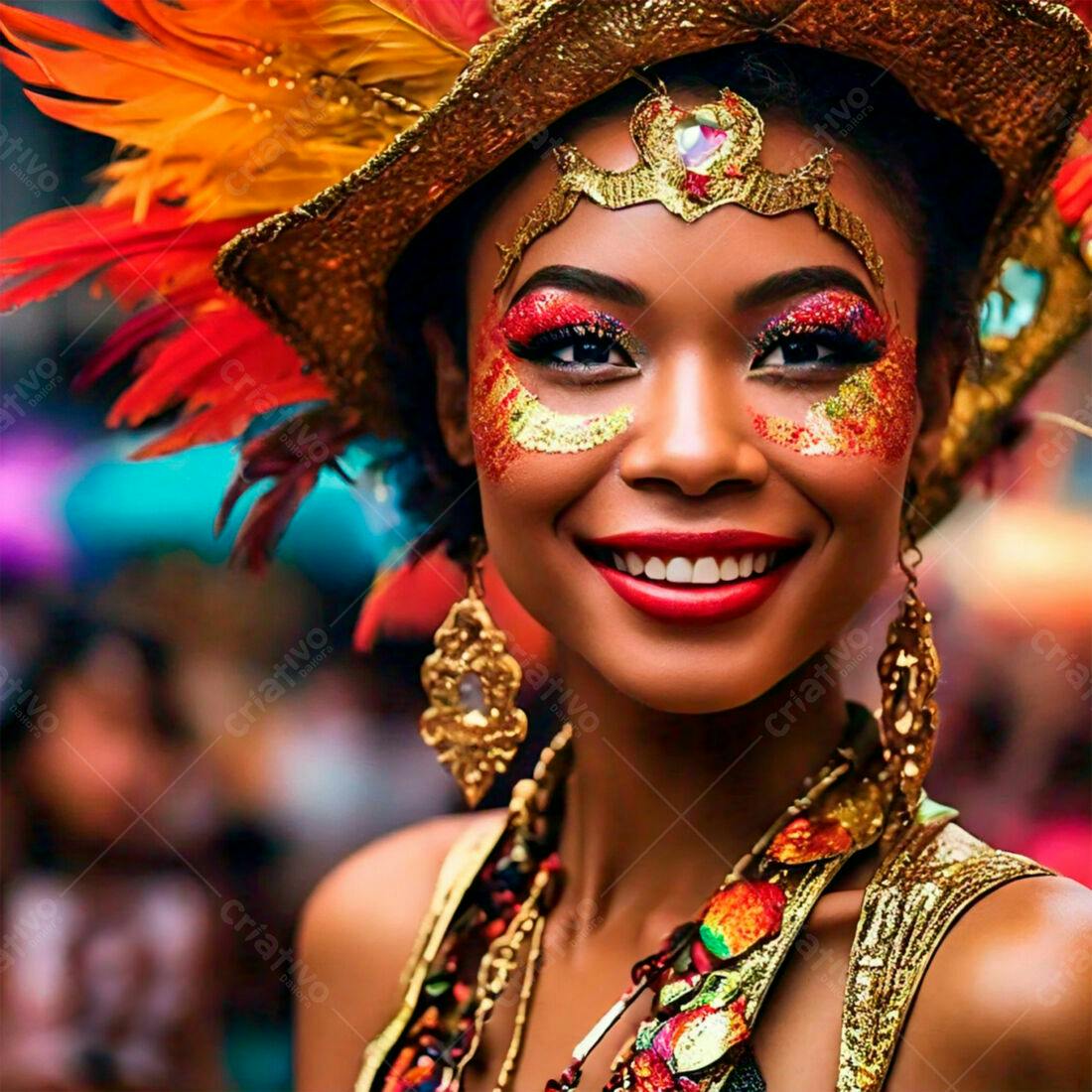 Mulher negra sorridente com maquiagem vibrante em carnaval