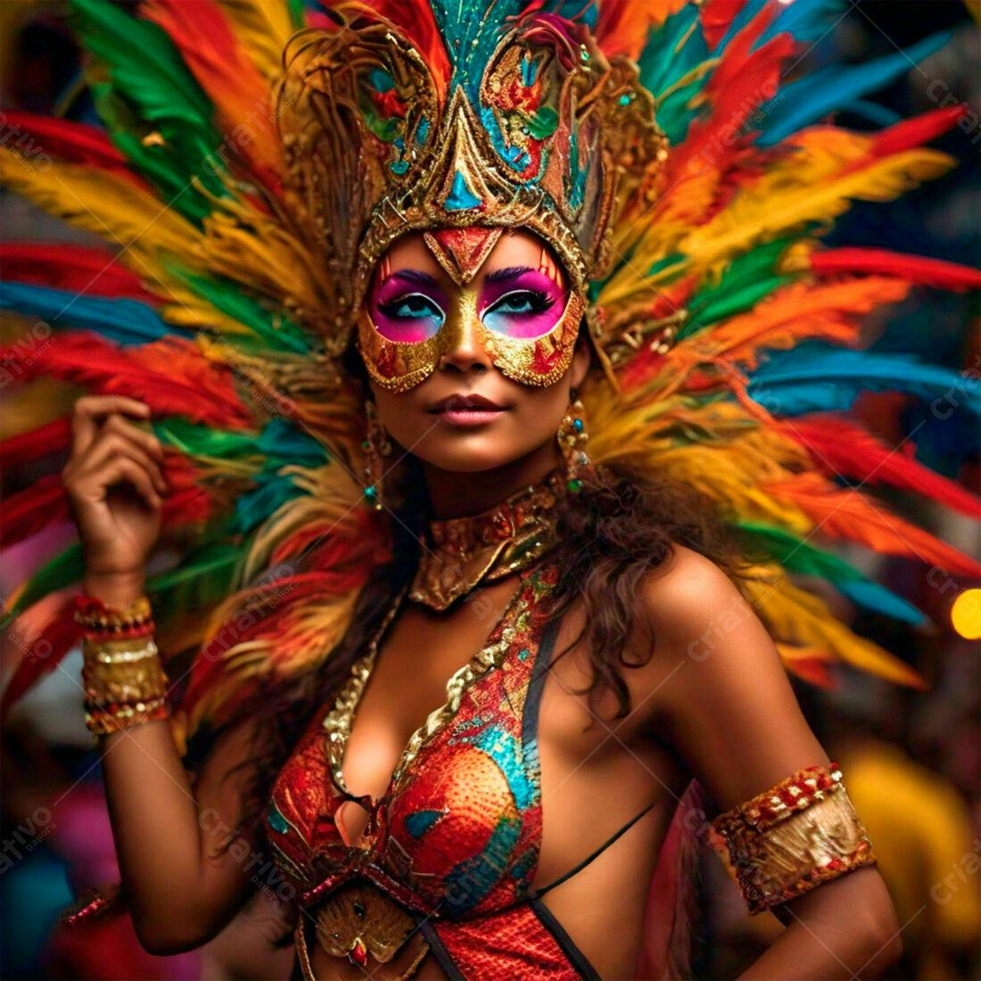 Mulher com máscara em carnaval vibrante