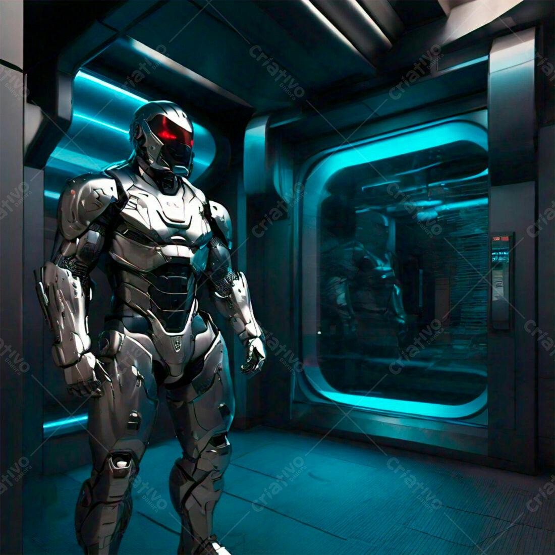 Robô futurista em ambiente metálico azul