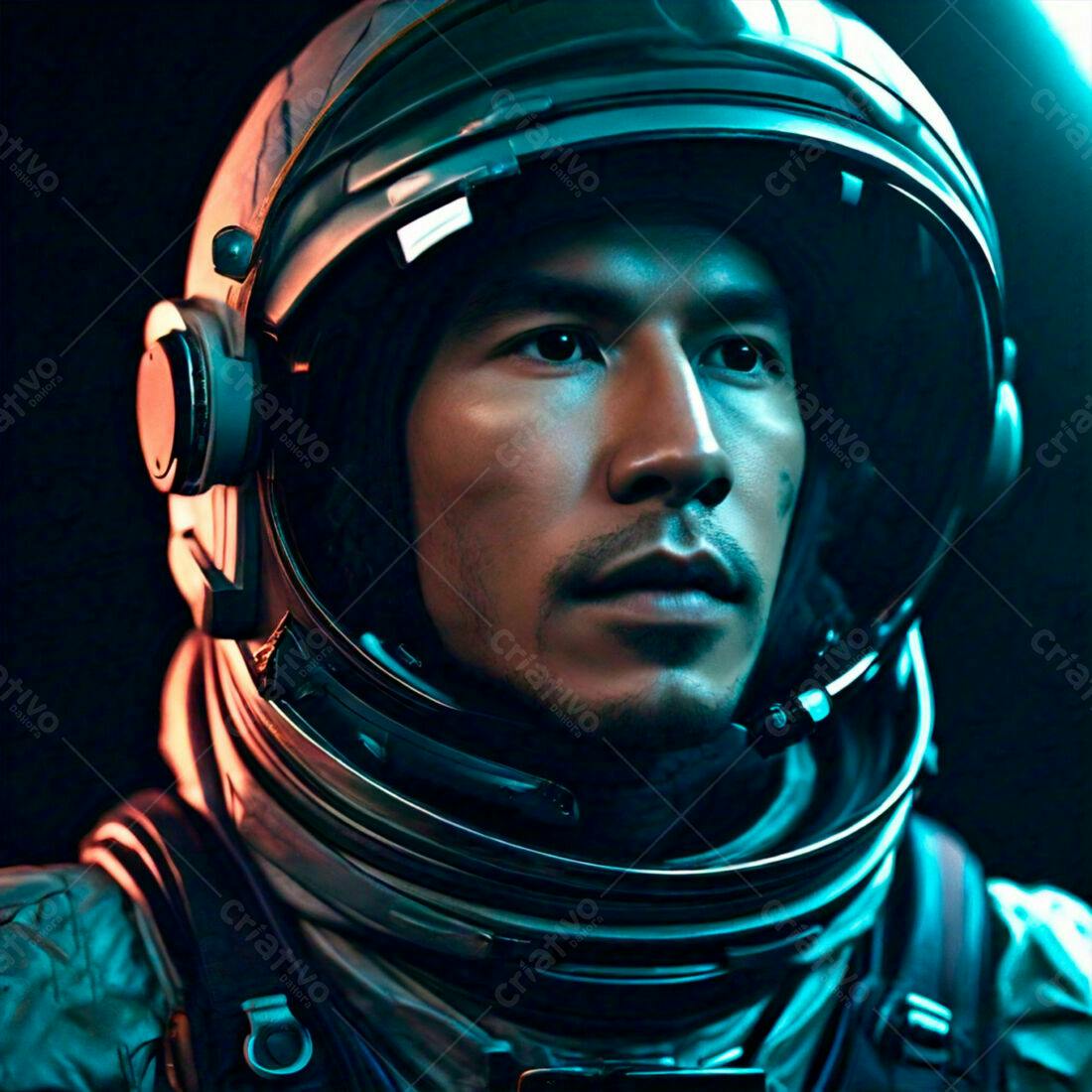 Astronauta asiático em traje espacial sob luz ciano e vermelha