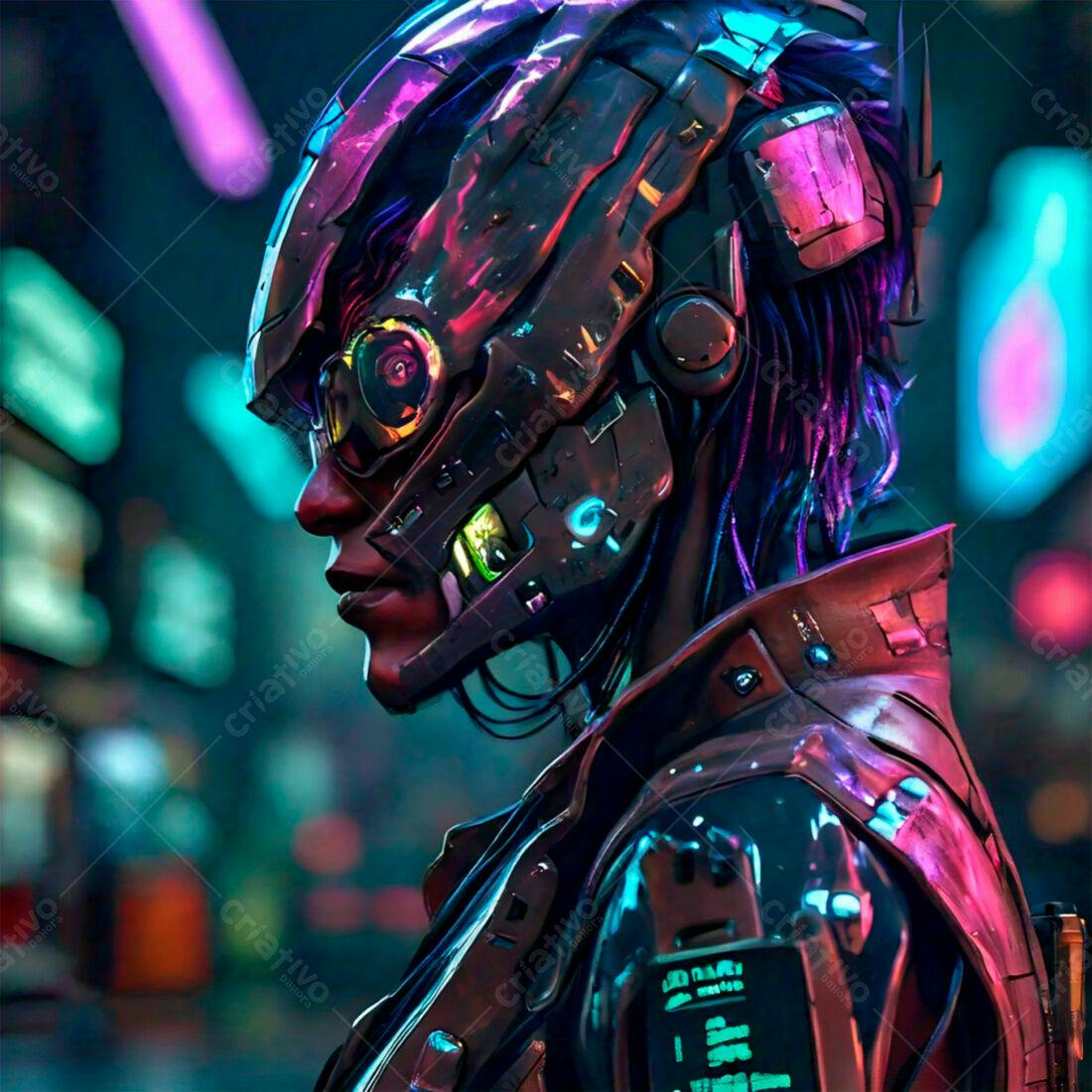Cyberpunk Mulher com armadura futurista em cidade noturna