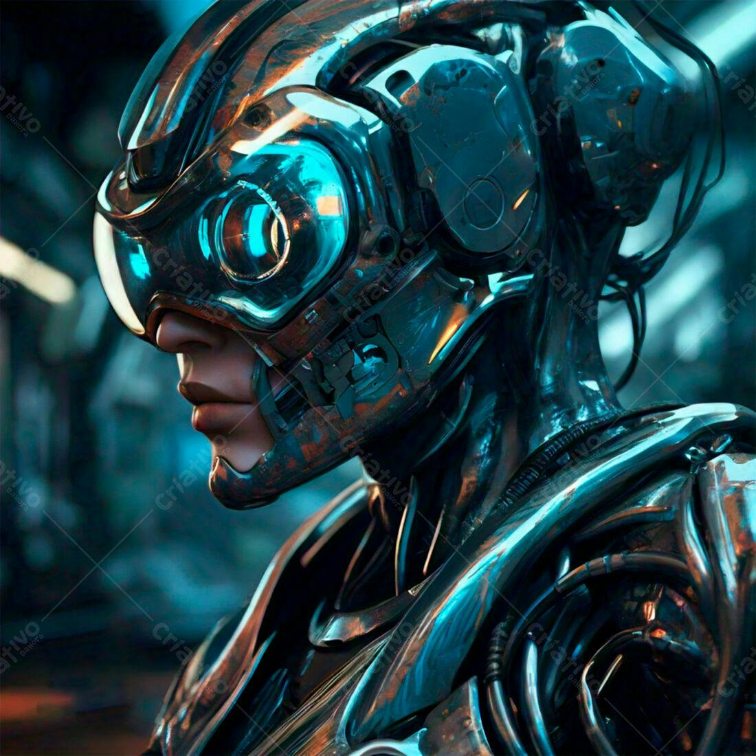 Robô futurista em armadura metálica azul e bronze