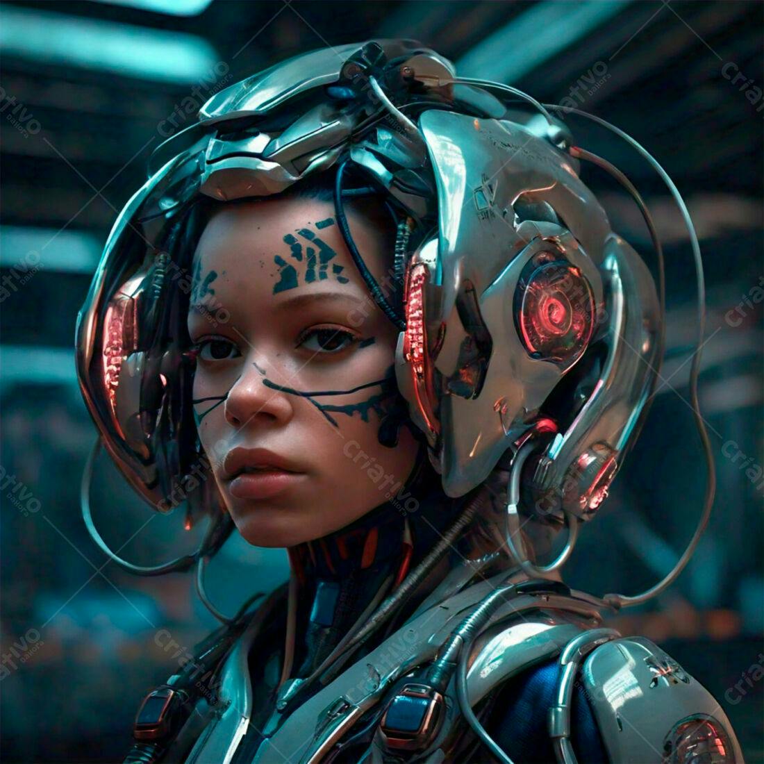 Mulher ciborgue futurista com capacete metálico