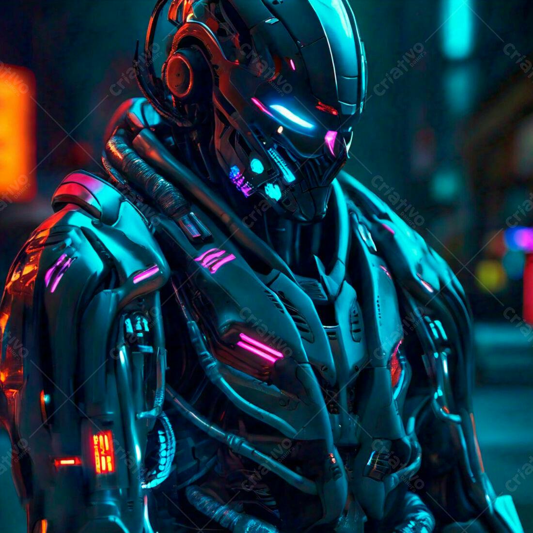 Robô futurista em cenário cyberpunk