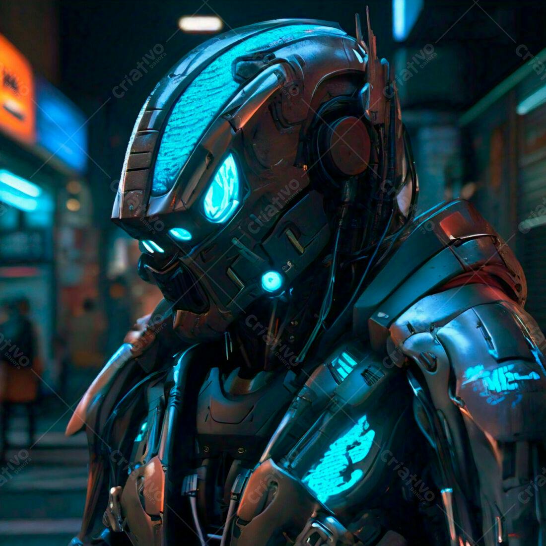 Robô futurista em cenário cyberpunk noturno