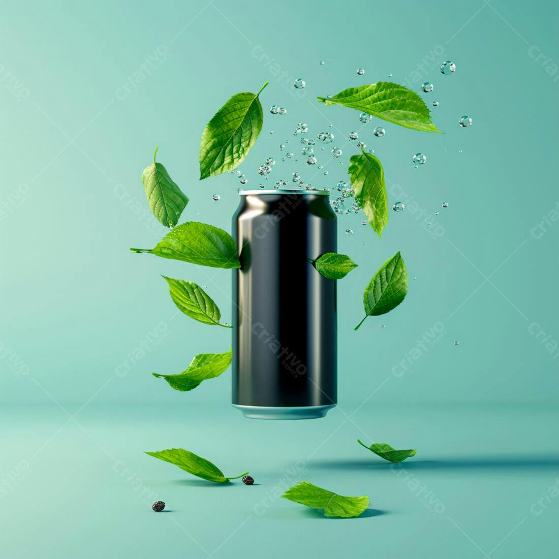 Lata de bebida preta com folhas verdes