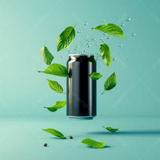Lata de refrigerante sem rótulo, a lata está levitando com folhas de guaraná 1