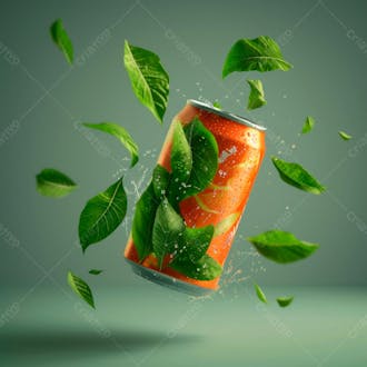 Lata de refrigerante sem rótulo, a lata está levitando com folhas de guaraná 2