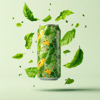 Lata de refrigerante sem rótulo, a lata está levitando com folhas de guaraná 3
