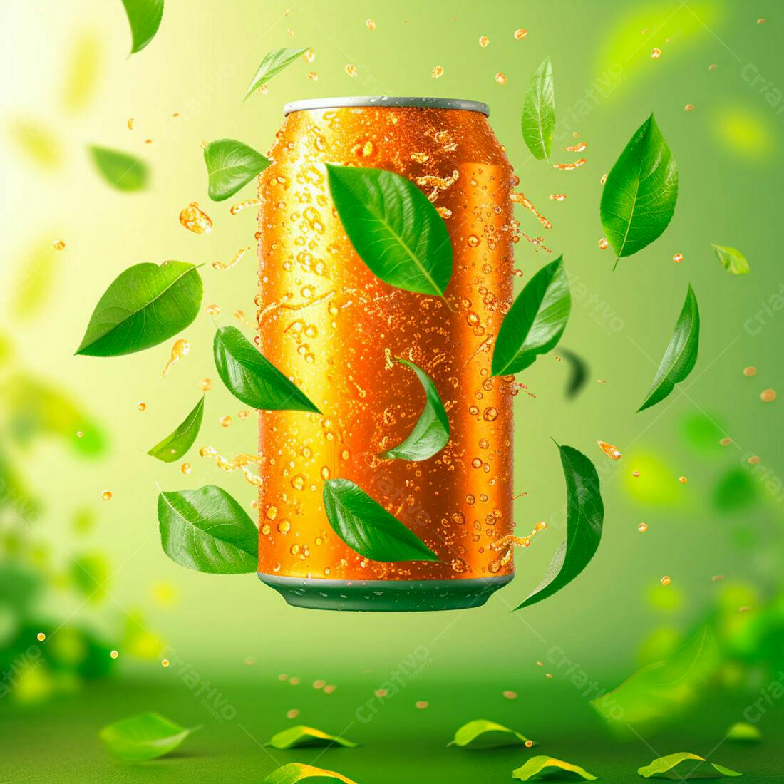 Lata de refrigerante com folhas verdes