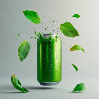 Lata de refrigerante sem rótulo, a lata está levitando com folhas de guaraná 5