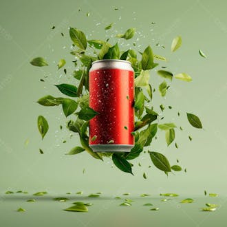 Lata de refrigerante sem rótulo, a lata está levitando com folhas de guaraná 6