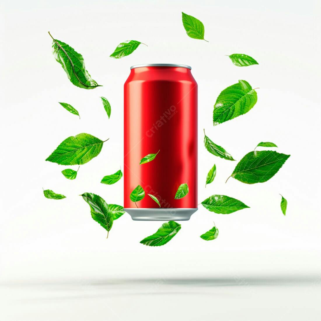Lata vermelha com folhas verdes flutuantes