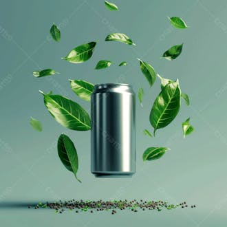 Lata de refrigerante sem rótulo, a lata está levitando com folhas de guaraná 8