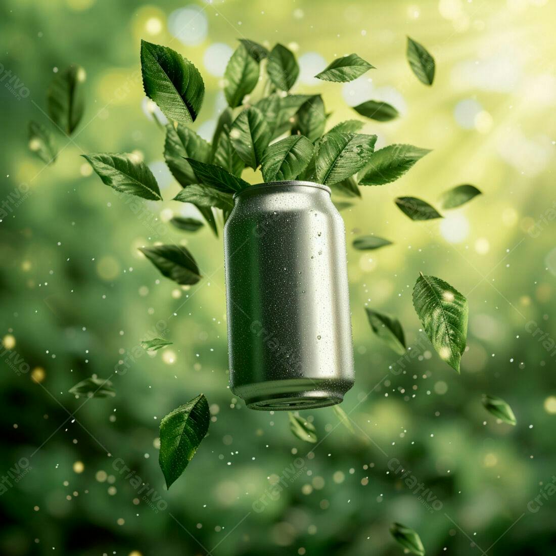 Lata de alumínio com folhas verdes em fundo natural