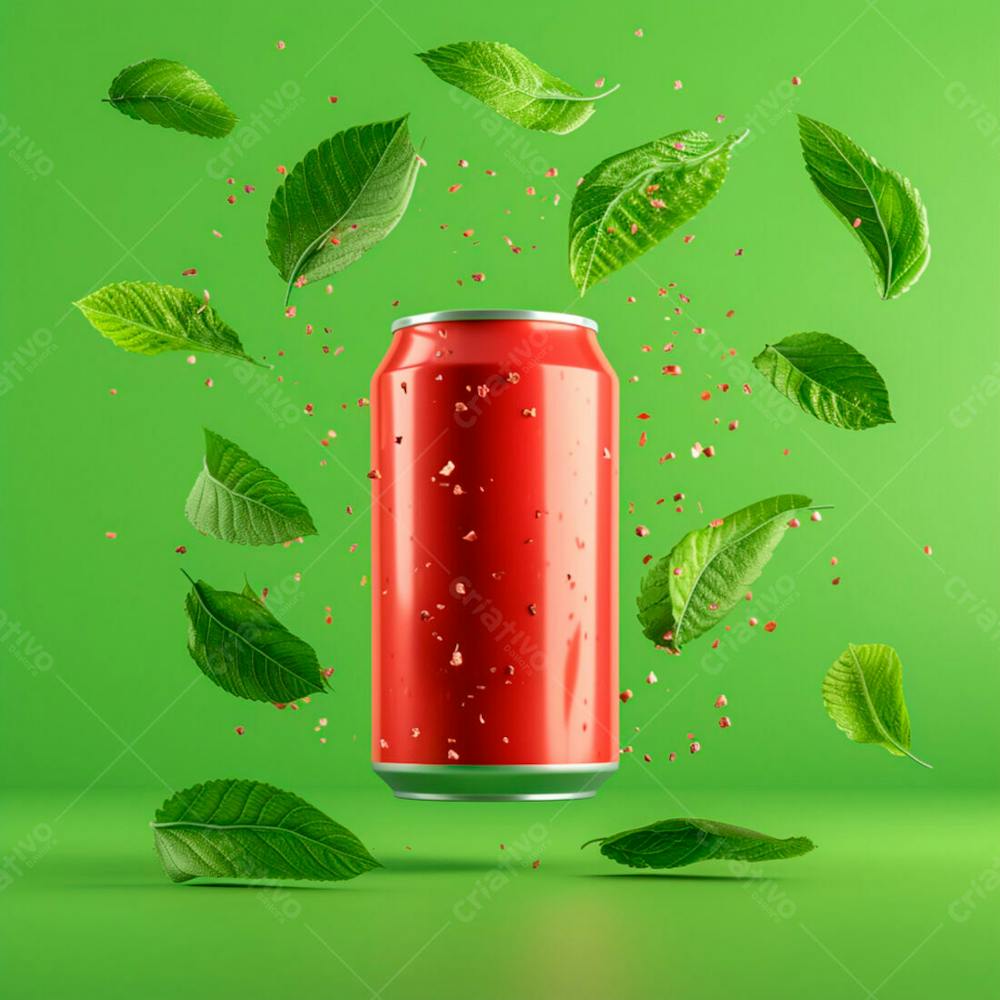 Lata De Refrigerante  Sem Rótulo, A Lata Está Levitando Com Folhas De Guaraná 10