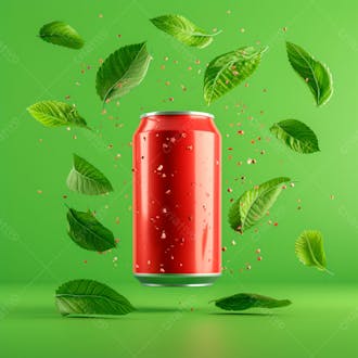 Lata de refrigerante sem rótulo, a lata está levitando com folhas de guaraná 10