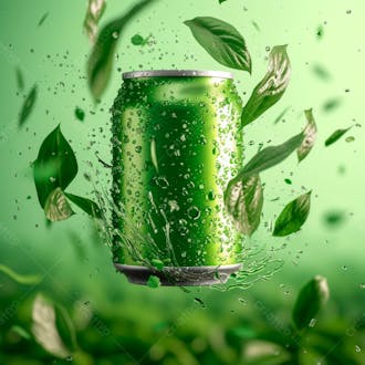 Lata de refrigerante sem rótulo, a lata está levitando com folhas de guaraná 11