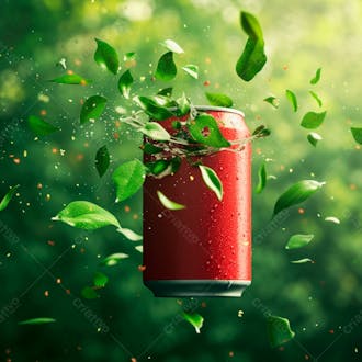 Lata de refrigerante sem rótulo, a lata está levitando com folhas de guaraná 12