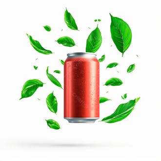 Lata de refrigerante sem rótulo, a lata está levitando com folhas de guaraná 13