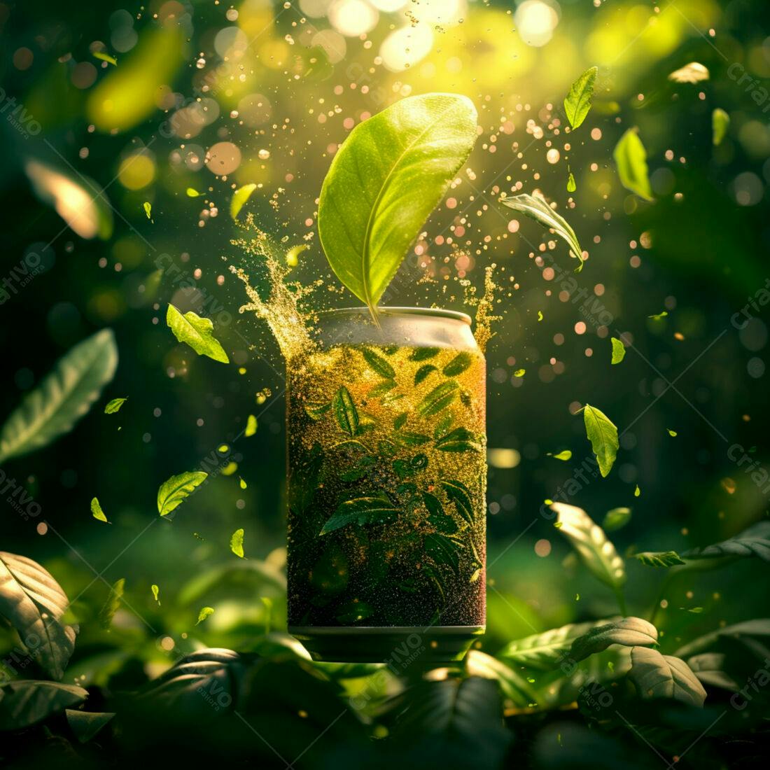 Lata de refrigerante com folhas verdes em fundo natural