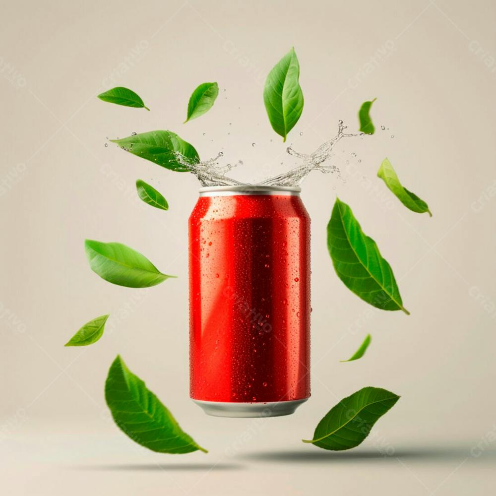 Lata De Refrigerante  Sem Rótulo, A Lata Está Levitando Com Folhas De Guaraná 15
