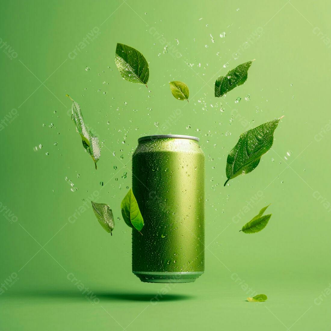 Lata verde com folhas e gotas d'água