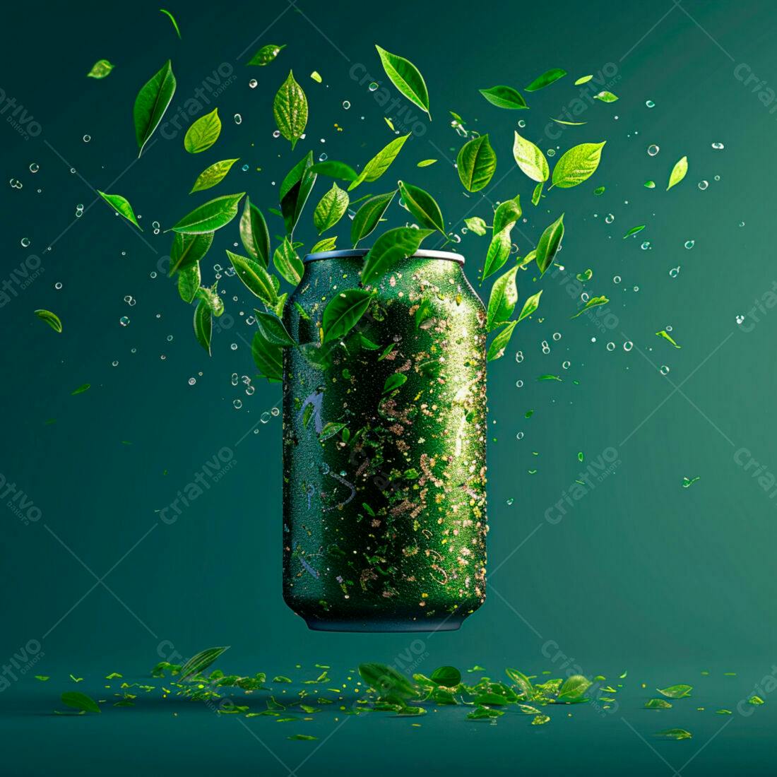 Lata de bebida verde com folhas