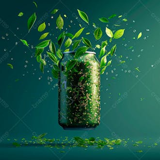 Lata de refrigerante sem rótulo, a lata está levitando com folhas de guaraná 17