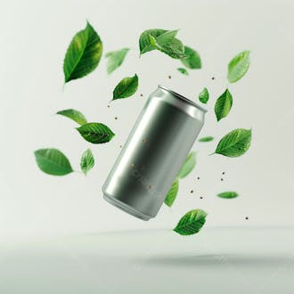 Lata de refrigerante sem rótulo, a lata está levitando com folhas de guaraná 18