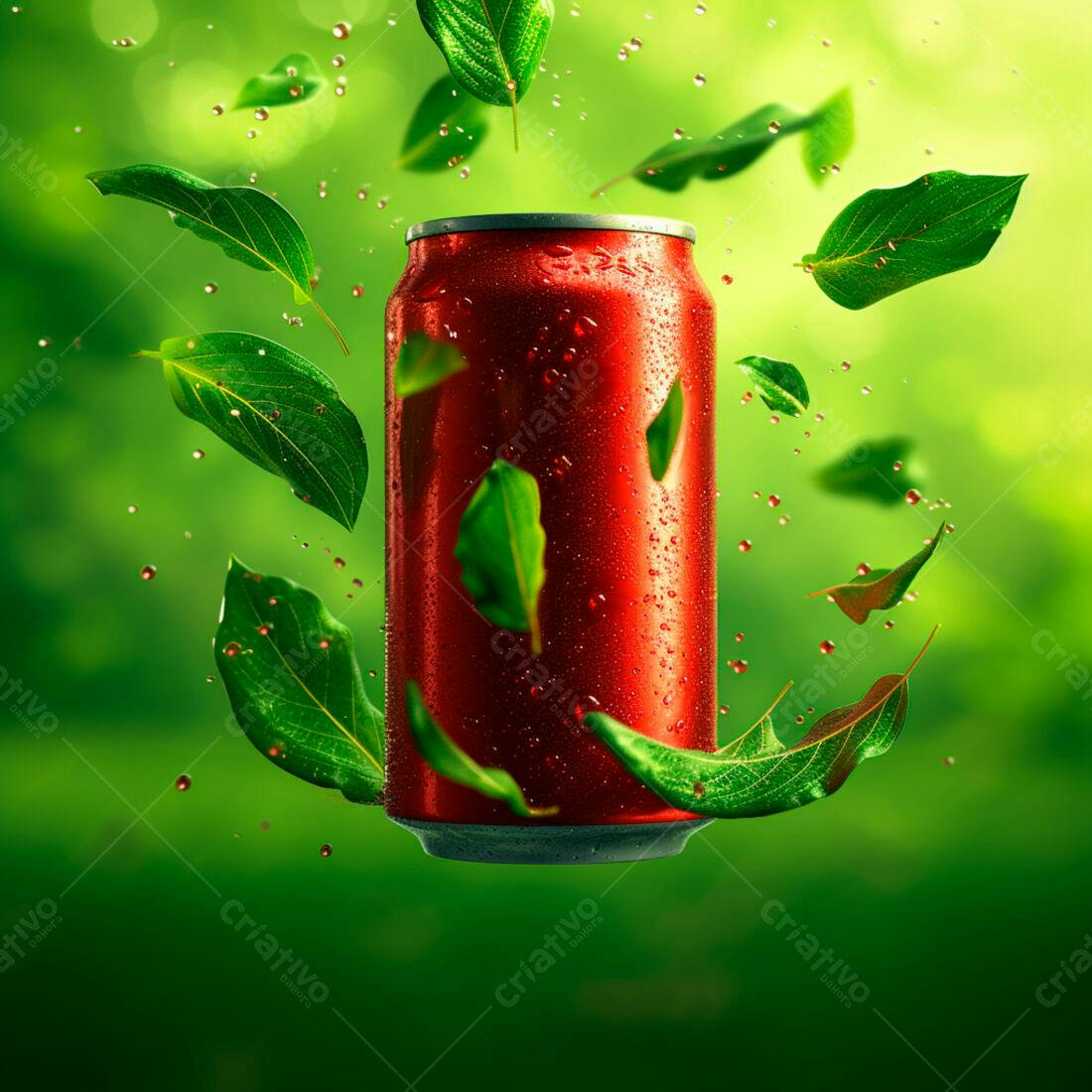 Lata de refrigerante vermelha com folhas verdes