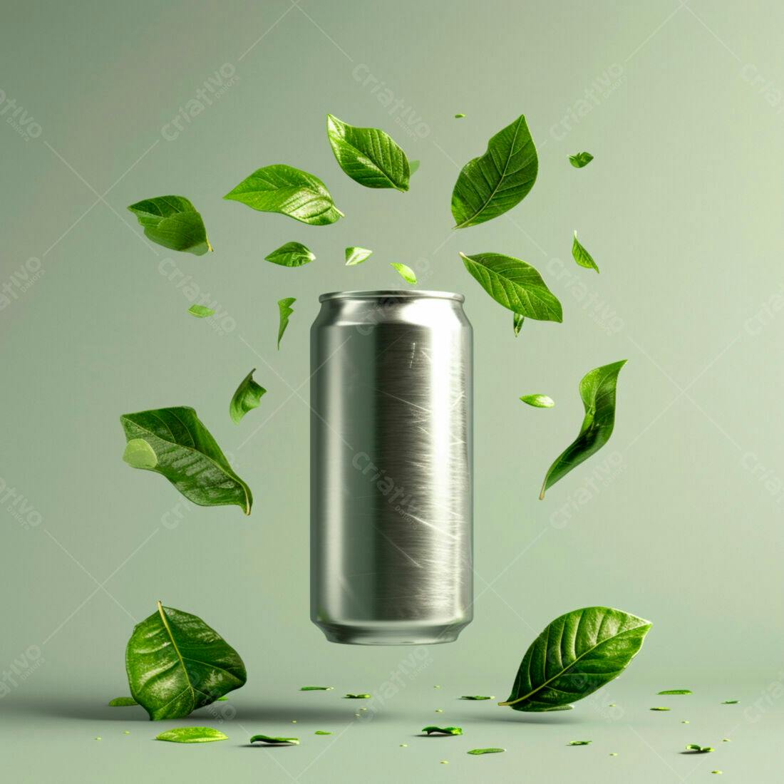 Latinha metálica com folhas verdes flutuantes