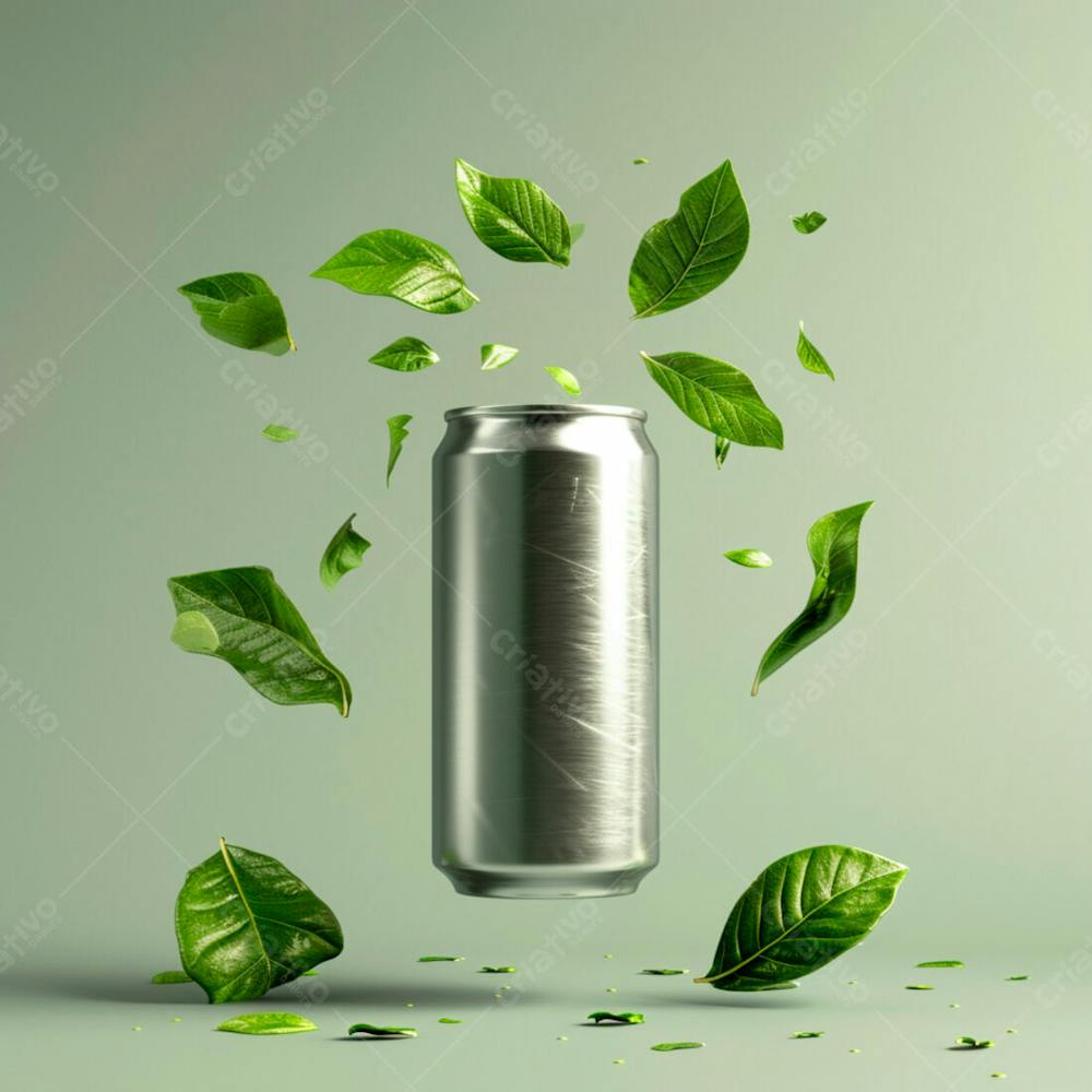 Lata De Refrigerante  Sem Rótulo, A Lata Está Levitando Com Folhas De Guaraná 20