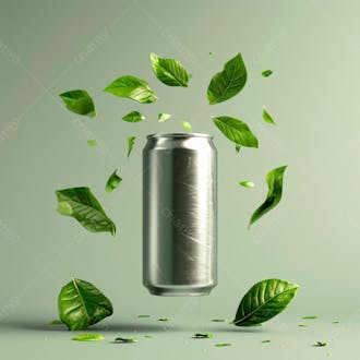 Lata de refrigerante sem rótulo, a lata está levitando com folhas de guaraná 20