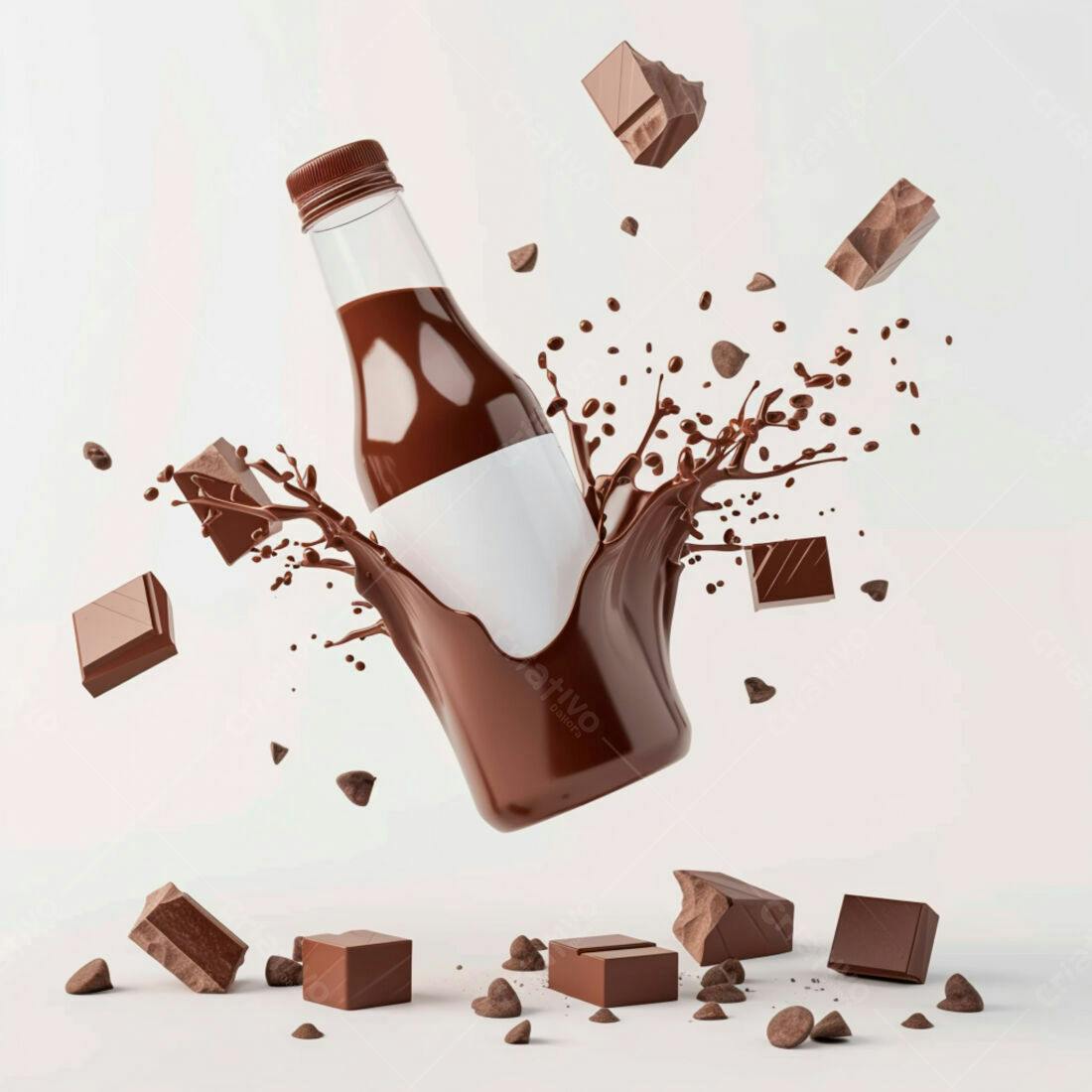 Garrafa de chocolate com respingos e pedaços