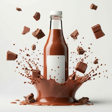 Garrafa de achocolatado com splash e pedaços de chocolate ao redor 7