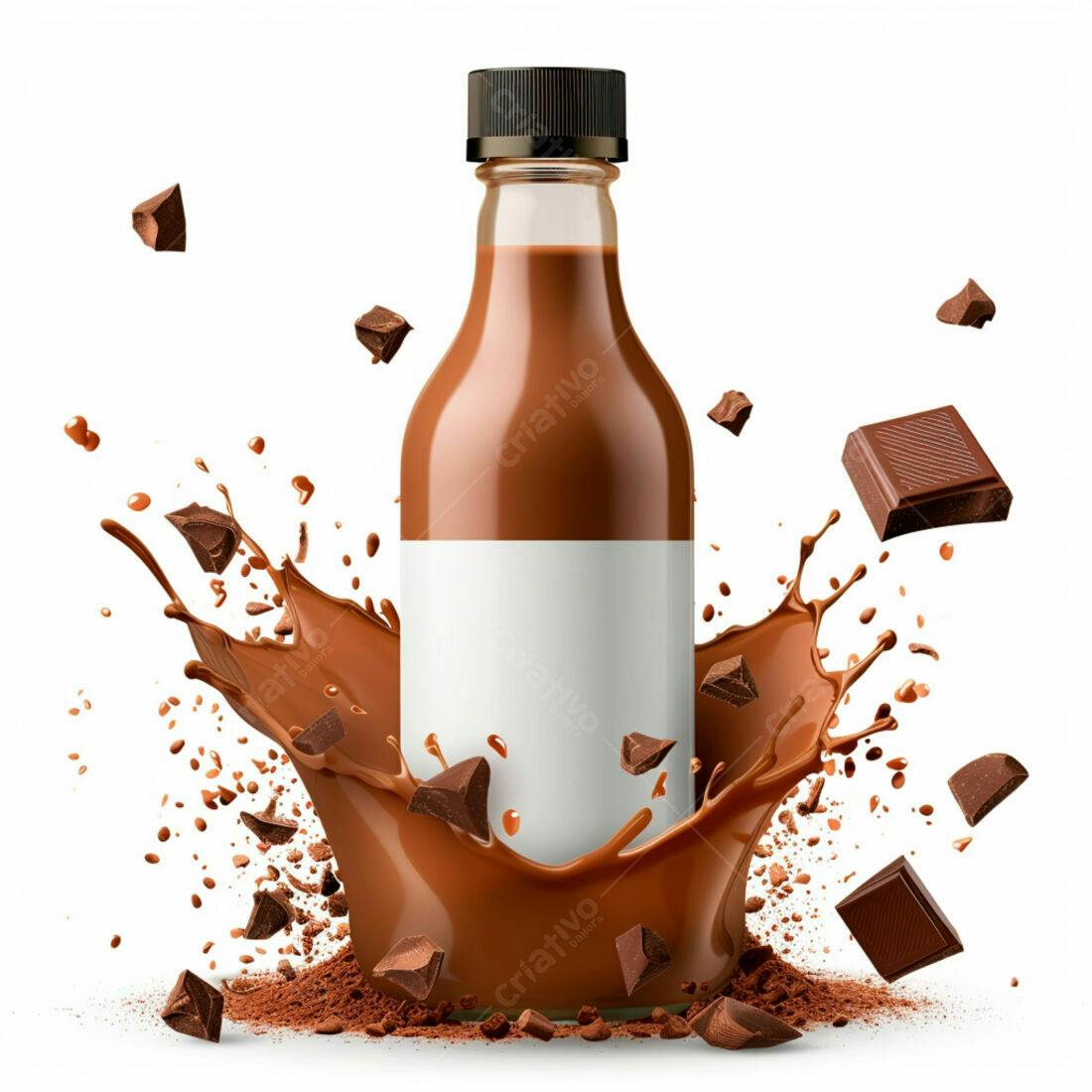 Garrafa de chocolate com respingos e pedaços