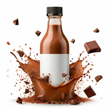 Garrafa de achocolatado com splash e pedaços de chocolate ao redor 12