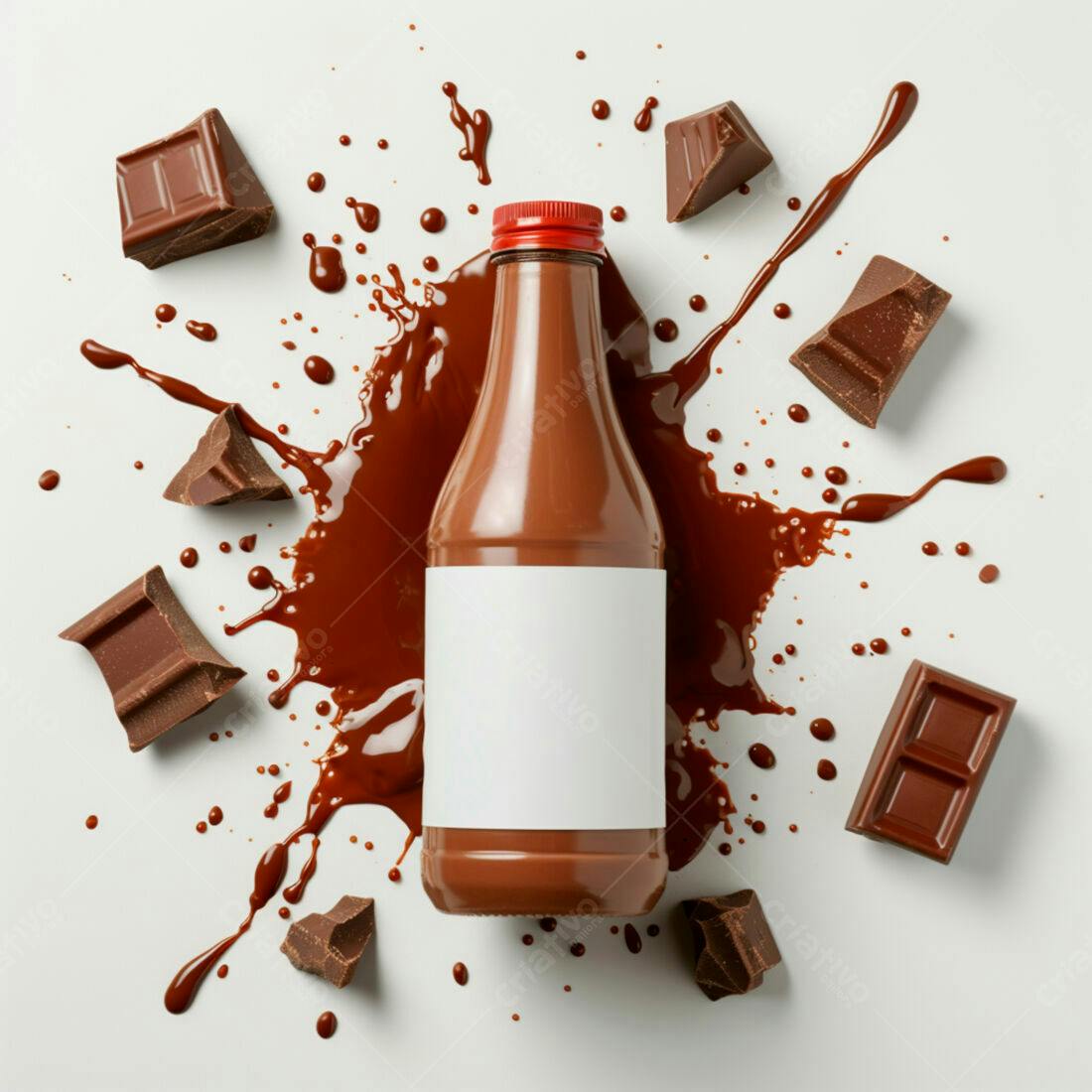 Garrafa de chocolate com pedaços ao redor