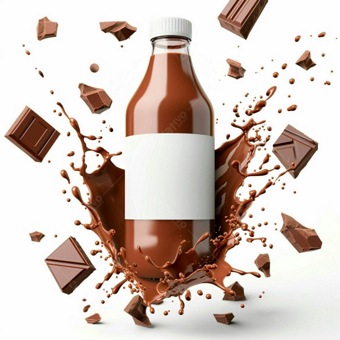 Garrafa de chocolate líquido com respingos e pedaços de chocolate