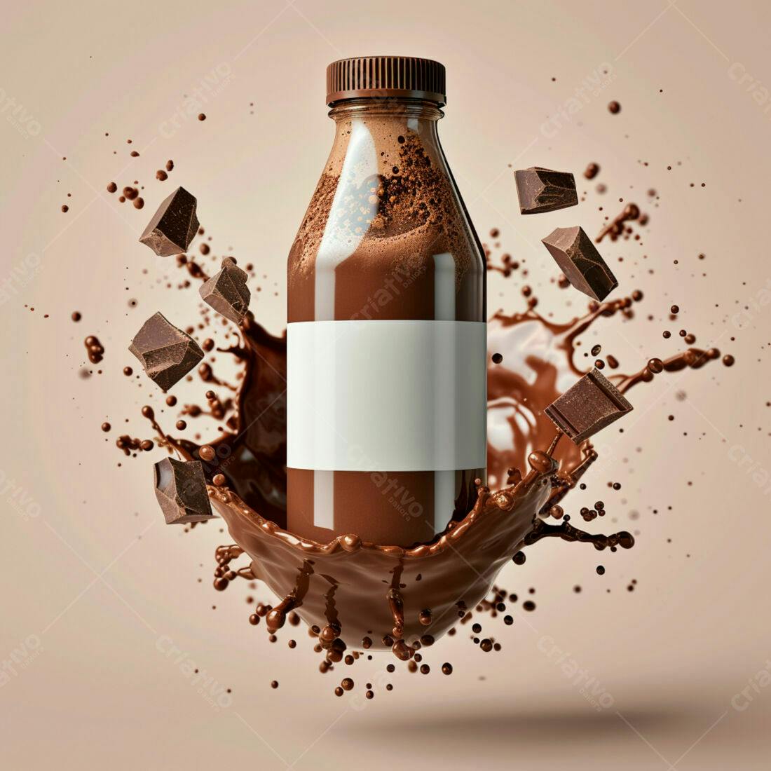Garrafa de chocolate líquido com pedaços de chocolate